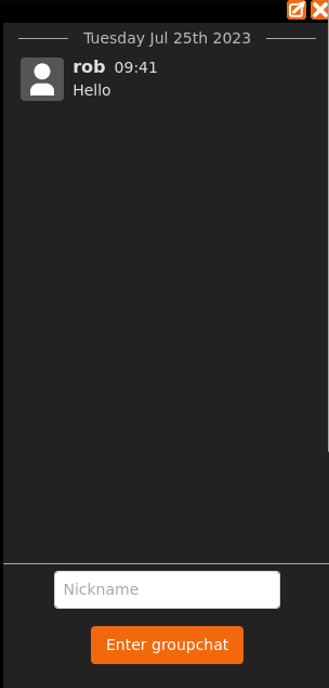 Screenshot chatu. Aktuální uživatel není přihlášen a musí si vybrat přezdívku, než bude moci psát do chatu.
